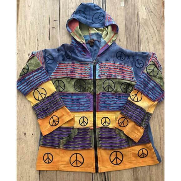 Vtg Y2K Rising International Peace Sign Tie Dye Zip Up Hoodie 2XL Boho Festival - Picture 1 of 6